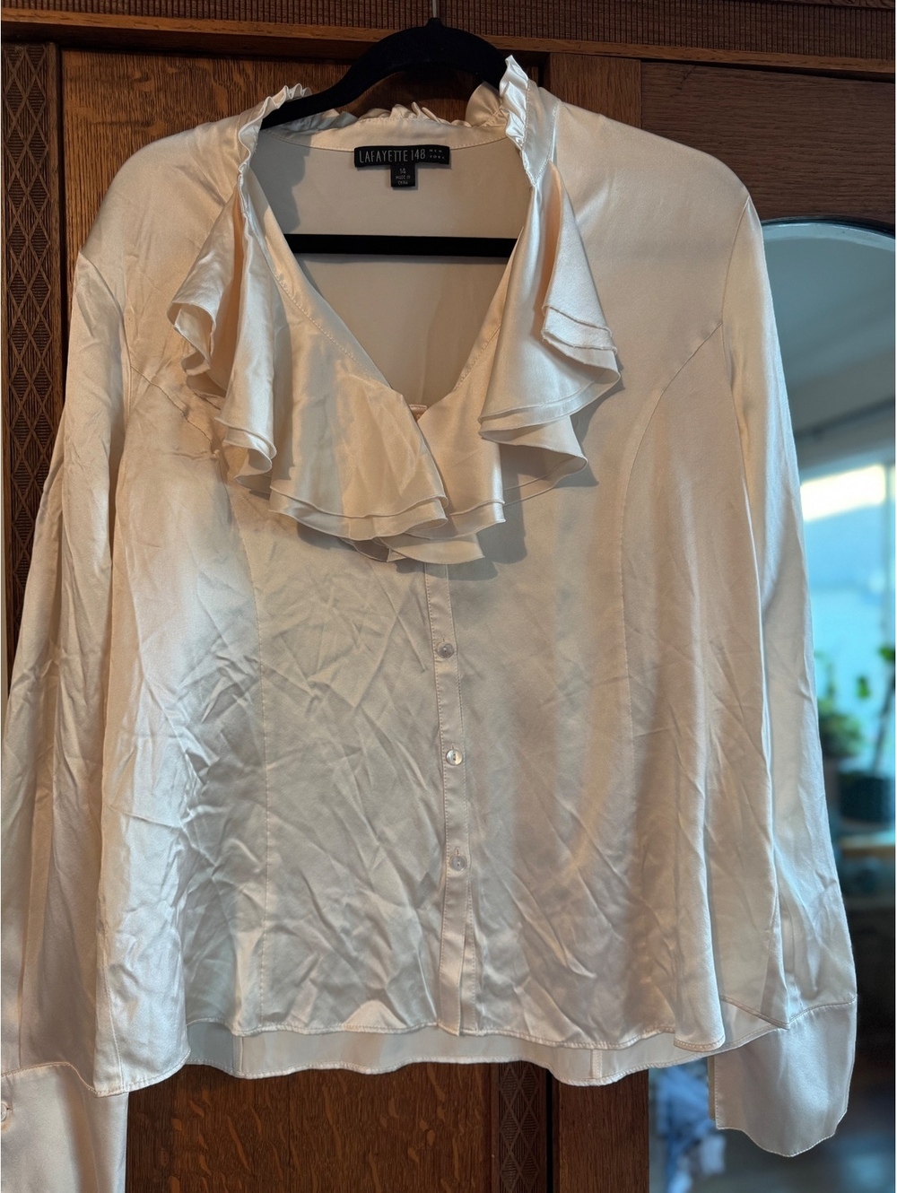 Lafayette 148 New York 100% Silk Ruffle Collar Blouse Cream Ivory Size 14